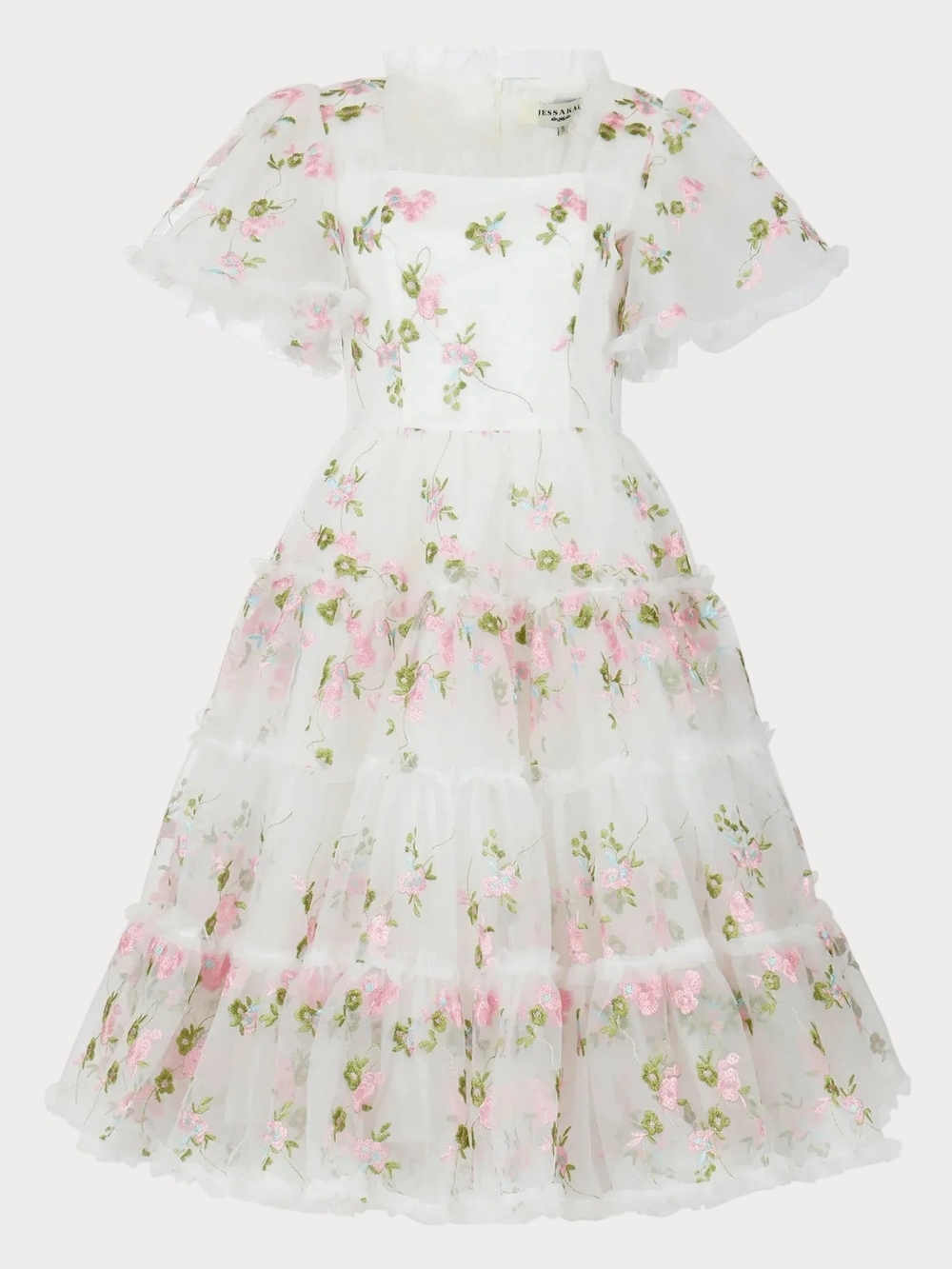 Jessakae Promise Girls White Floral Ruffle Midi Dress - Pink & Green Embroidery